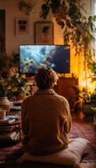 Person in Sweater Watching TV in Cozy Living Room with Plants and Soft Lighting