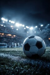 Fototapeta premium Soccer Ball on Midfield at Night Match with Bright Spotlights and Blurred Stands