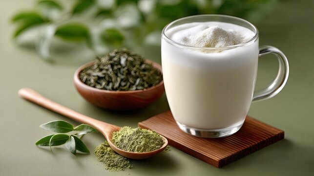 Fresh green tea leaves and matcha powder accompany a bowl of brewed drink, showcasing traditional preparation methods