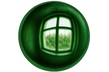 Green fisheye view through a distorted window showing trees outside, transparent background, abstract perspective