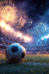 Fototapeta premium Soccer Ball Under Fireworks in Night Stadium, Vibrant Championship Finale