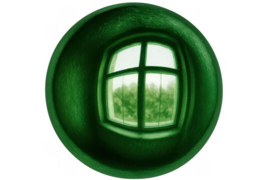 Green fisheye view through a distorted window showing trees outside, transparent background, abstract perspective