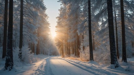 Camino nevado en bosque invernal con luz de amanecer c&aacute;lida y atm&oacute;sfera tranquila