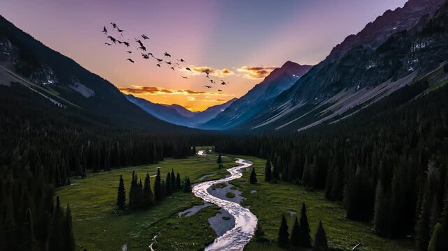 River valley sunsets with majestic bird silhouettes perfectly capturing the nuo concept of peace and tranquility, ideal for use in wellness, mindfulness, or outdoor adventure projects evoking.