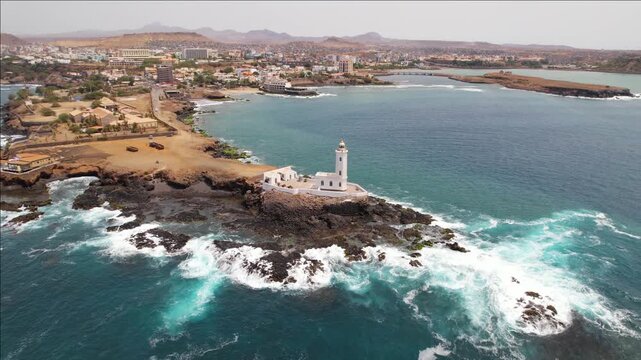 CAPE VERDE - 9.4.2025 - Fantastic aerial footage passing over the Farol Dona Maria Pia lighthouse on Cape Verde.