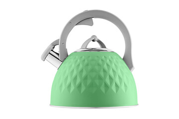 kettle with whistle, matte green color, with rhombus texture on isolated and white background close-up