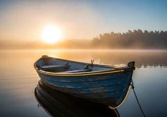 Obraz premium Rowboat on a misty lake at sunrise