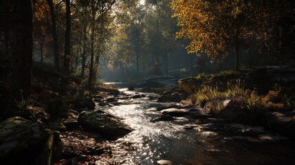 Autumn forest with river flowing, soft sunlight, cinematic 8k realism