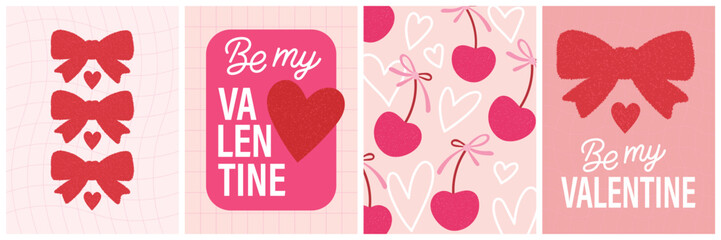 Collection of four valentines day themed cards with bows, hearts, and cherries in pink and red, valentines day concept, vector illustration
