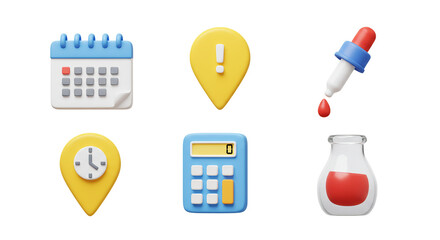 A collection of six 3d render icons including a calendar, location pin, calculator, and laboratory tools