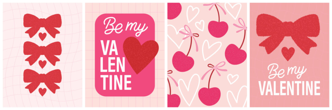 Collection of four valentines day themed cards with bows, hearts, and cherries in pink and red, valentines day concept, vector illustration