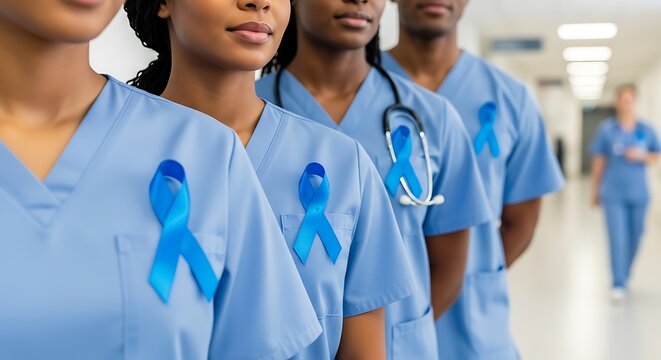 Medical team wearing blue awareness ribbons in hospital, Blue November  Men's Health Awareness - Powered by Adobe