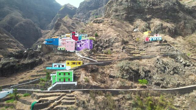 CAPE VERDE - 9.4.2025 - Excellent aerial view of colorful housing on the hills of Cape Verde's Fontainhas village.
