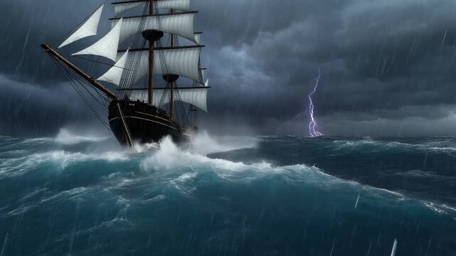 a large sailing ship struggling against a storm on the high seas