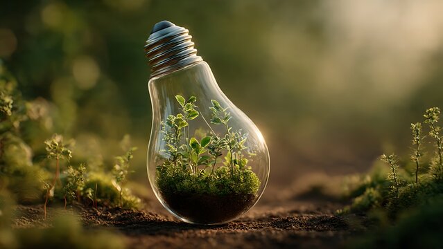 A light bulb containing vibrant green plants, symbolizing eco-consciousness and sustainable energy