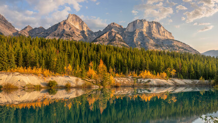 Panorama of the David Thompson Highway 11 in Autumn morning - near the Saskatchewan River Crossing entrance to the Icefields Parkway in Banff National Park