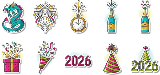 New Year 2026 Clipart with Balloons and Fireworks
