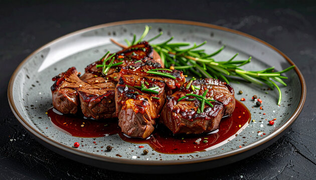 Grilled veal chops with rosemary sprigs, juicy seared meat texture, appetizing food, delicious dish