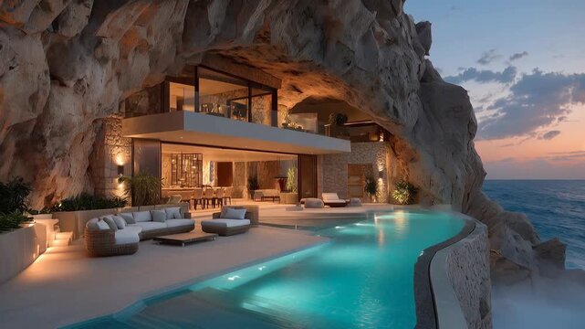 Exclusive cliffside luxury villa: Stunning architectural masterpiece integrated into natural rock, expansive terraces,featuring an infinity pool and breathtaking ocean views at sunset