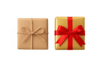 Gift boxes in different wrapping materials, one with kraft paper and string, another gold with a red ribbon bow, celebrating special occasions