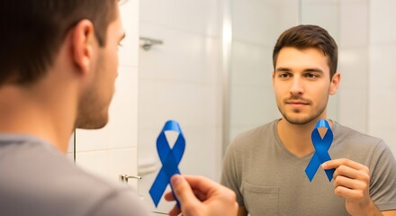 Young man looking in mirror, holding blue ribbon, Blue November, Men's Health Awareness 