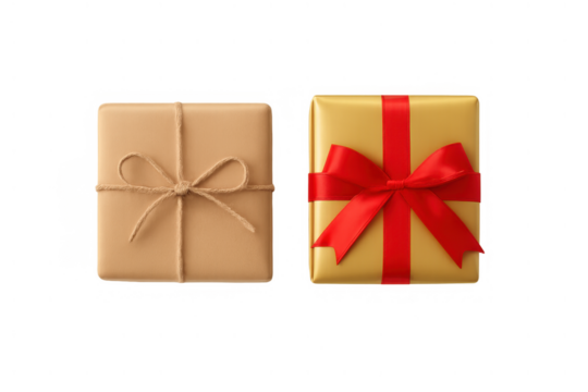 Gift boxes in different wrapping materials, one with kraft paper and string, another gold with a red ribbon bow, celebrating special occasions