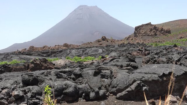 CAPE VERDE - 9.4.2025 - Great ground-level view of Pico do Fogo's lava field, with a view of the volcano in the distance.
