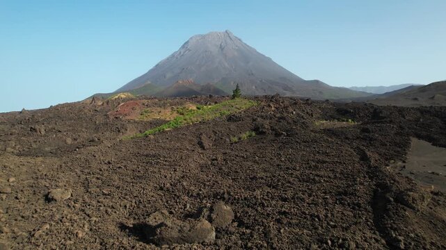 CAPE VERDE - 9.4.2025 - Terrific aerial view passing over the lava fields of Pico do Fogo, including a lone green tree, in Cape Verde.