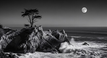 Iconic lone tree on a rocky cliff under a full moon. Dramatic black and white seascape of waves, symbolizing strength, resilience, and solitude