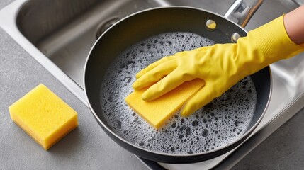 Yellow-gloved hand scrubbing a frying pan with soap bubbles in a kitchen sink, showcasing effective cleaning techniques and household maintenance practices for a tidy home environment