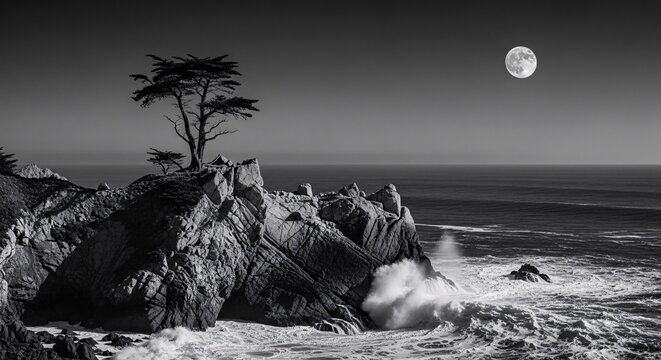Iconic lone tree on a rocky cliff under a full moon. Dramatic black and white seascape of waves, symbolizing strength, resilience, and solitude - Powered by Adobe