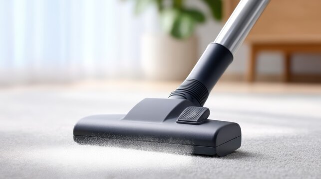 Modern vacuum cleaner nozzle gliding over soft carpet, showcasing effective cleaning action in a bright, inviting living space with natural light streaming through windows