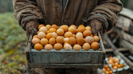 Farmer's hands hold a wooden crate of fresh brown eggs.