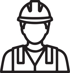 Black Outline Icon of a Construction Worker Wearing a Hard Hat and Vest on White Background builder safety helmet on transparent background