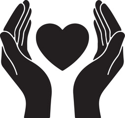 Obraz premium Black Silhouette of Cupped Hands Holding a Heart Shape on White Background Keywords: hands, heart, love, care, support, protection, compassion, kindness, charity, donation, on transparent background
