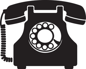 Black silhouette of an old-fashioned rotary dial telephone on a white background rotary phone dial phone on transparent background