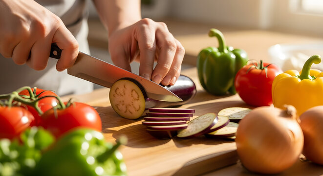 Slicing fresh eggplant with knife for vibrant, healthy cooking, preparing delicious meal with colorful tomatoes and bell peppers for family dinner - Powered by Adobe