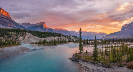 Colorful sunrise at the Saskatchewan River Crossing bridge on the Icefields Parkway