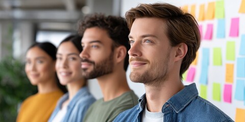 Group of diverse individuals standing in a line, smiling confidently, with colorful sticky notes on a wall in the background, showcasing teamwork and collaboration in a creative workspace