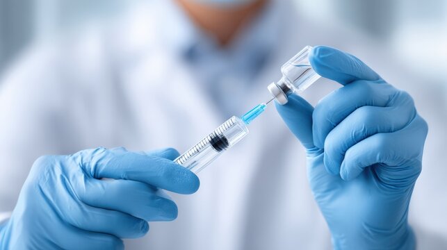 Medical professional in blue gloves prepares a syringe with a vaccine from a vial, showcasing the healthcare process in a clinical environment with focus on safety and precision - Powered by Adobe