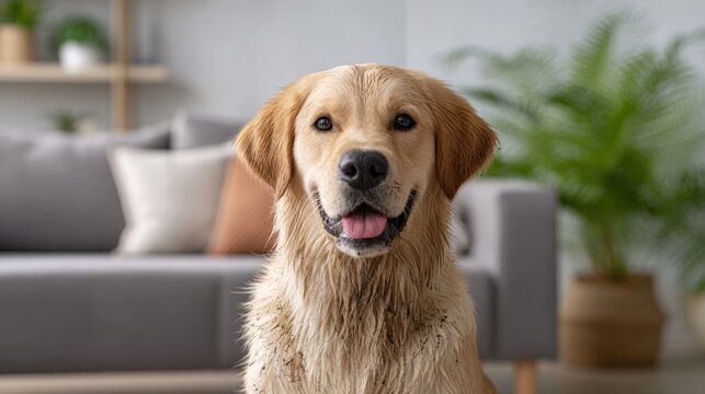 Golden retriever dog with wet fur, sitting happily in a cozy living room, surrounded by modern furniture and indoor plants, showcasing a joyful pet atmosphere - Powered by Adobe