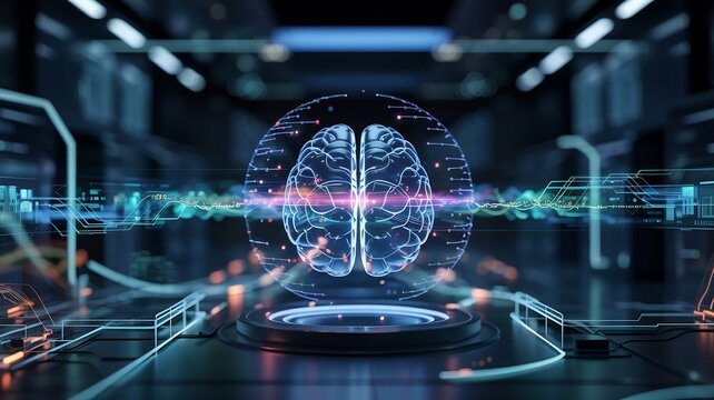 Holographic brain on a pedestal futuristic technology concept for artificial intelligence and neuroscience applications