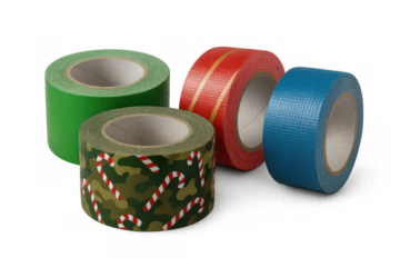 Assorted colorful duct tapes including festive christmas patterned roll, craft and repair supplies on transparent background