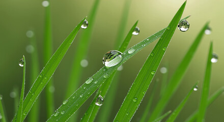 Dew drops on blades of grass in a field water nature green morning