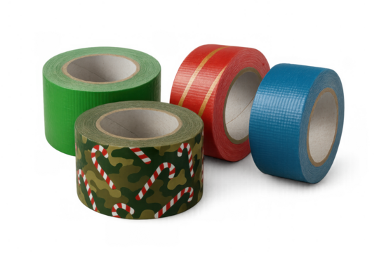 Assorted colorful duct tapes including festive christmas patterned roll, craft and repair supplies on transparent background