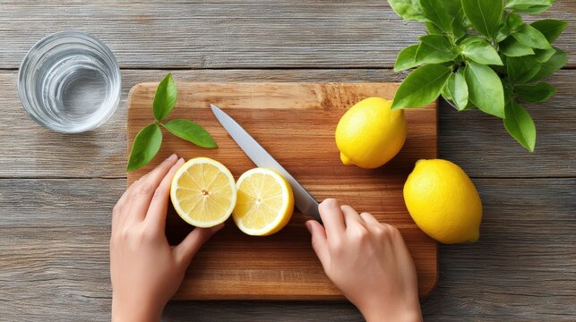 Hands of a person slicing fresh lemons on a wooden cutting board, surrounded by vibrant green leaves and a glass of water, showcasing culinary preparation and freshness
