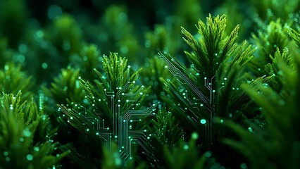 Innovative technology intertwines with lush greenery, creating a harmonious blend of nature and the digital world