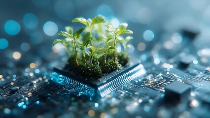 A conceptual image of a green plant sprouting from a computer microchip, symbolizing the intersection of technology and nature