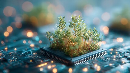 A lush green plant growing on a microchip, symbolizing the harmony between nature and technology. This image is a concept that merges both concepts 