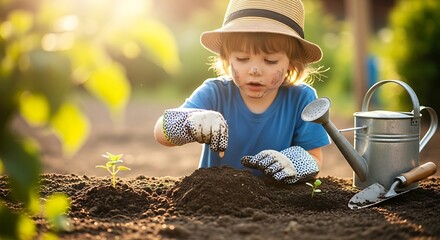 A young child in the garden working. The child is wearing a hat, gloves, and a blue shirt and is planting seedlings in a vegetable garden